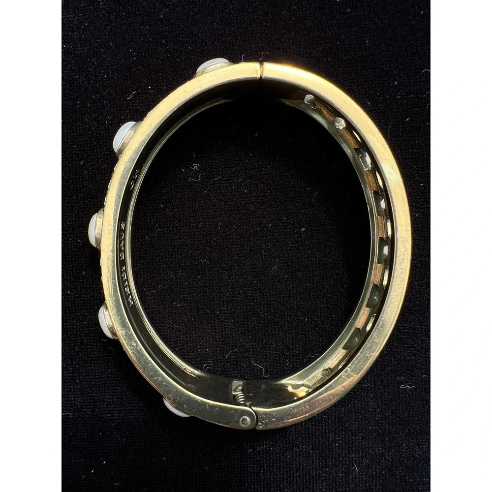 Heidi Daus Tantalizing Swarovski Crystal Faux Pearl Bronze Tone Hinged Bangle